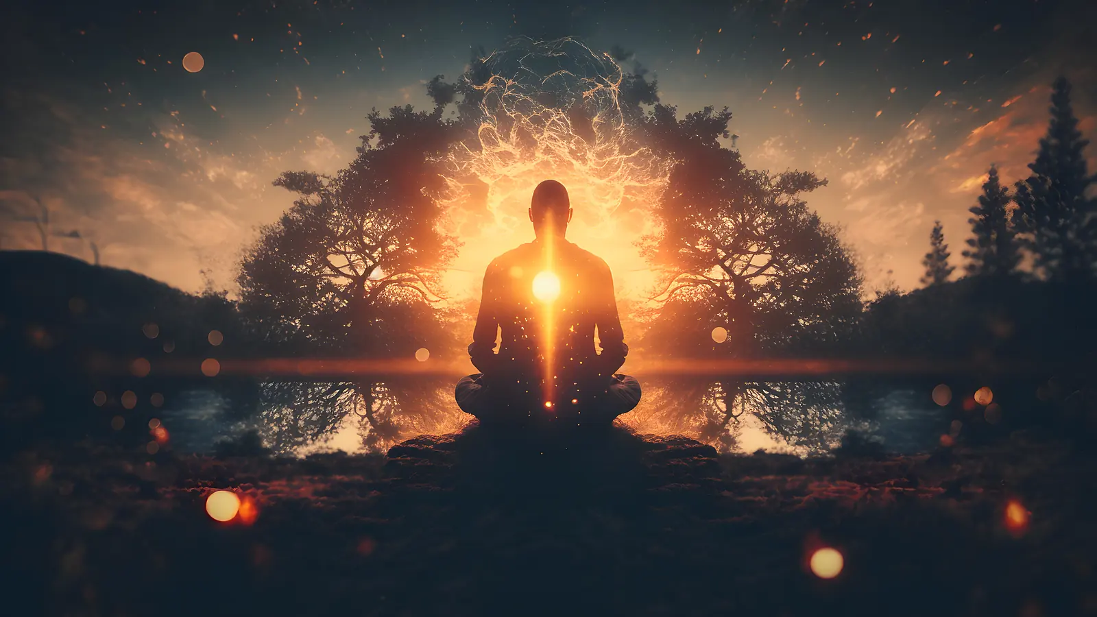 A solitary figure seated in stillness before a mirror-calm lake at first light, living quietly in one's own truth