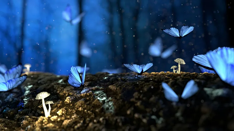 Luminous blue butterflies rising together through a dark forest at night, the connections that are invisible from inside and obvious from further away