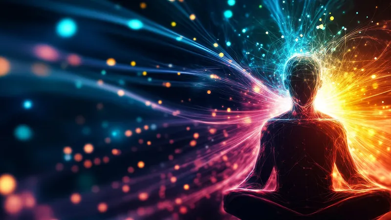 Streams of coloured light passing through and beyond a seated figure, thought that travels somewhere as against worry that turns in the same place