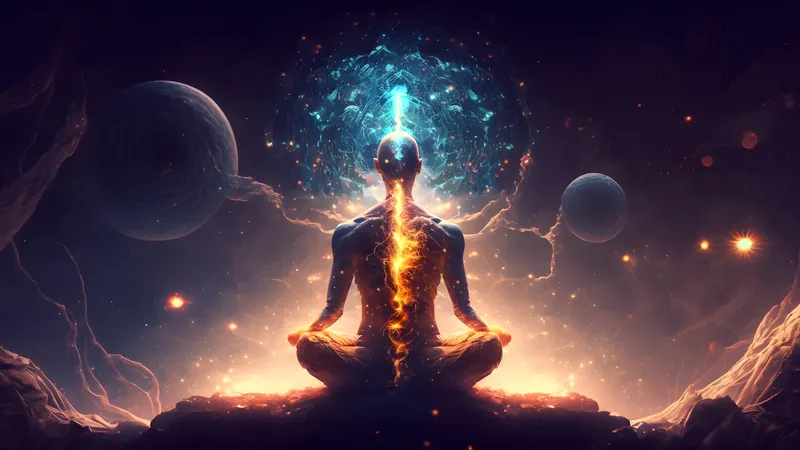 A seated figure lit from within against a field of distant planets and stars, the difference between being conscious of an action and being awake inside it
