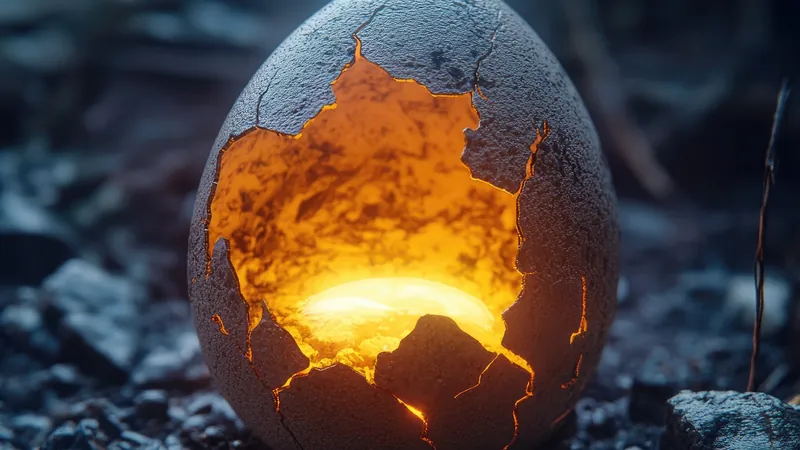 A weathered stone shell cracked open to reveal a warm fire already burning inside it, everything needed turning out to have been present the whole time