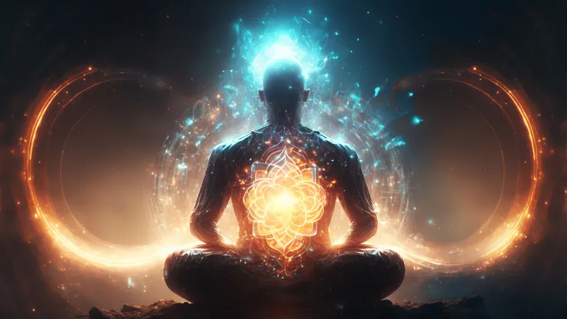 A figure seated in stillness seen from behind, wide rings of amber light opening on either side and a luminous centre at the back, a person present enough for life to actually arrive
